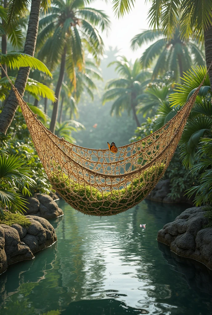 landscape, a 30 year old Asian man with a clean face, a sturdy body, sleeping and looks like a penis in a hammock between two mushrooms, and detailed, ultra HD quality 