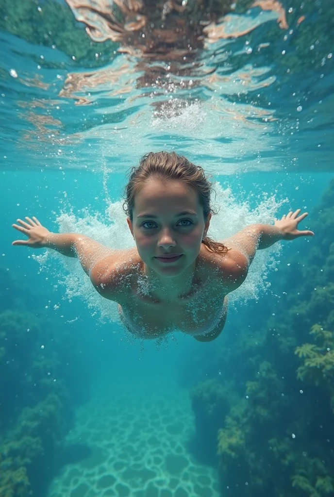 underwater photo, natural seabed landscape, coral, wide angle photo, nude woman diver, aged 45, swiming underwater, full body, long brown hair, pretty generous chest, big tits, cinematic atmosphere, feminine, natural, Perfect eyes, perfect hands, perfect teeth, ultra-sharp, high resolution, imperfect skin, natural skin, wide angle shot