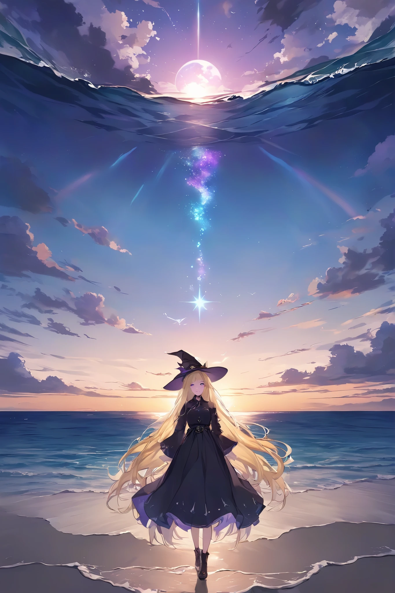 、Blonde、Violet eyes、Rin々Seems、Sunrise at sea、super long hair、30 years old、Witches