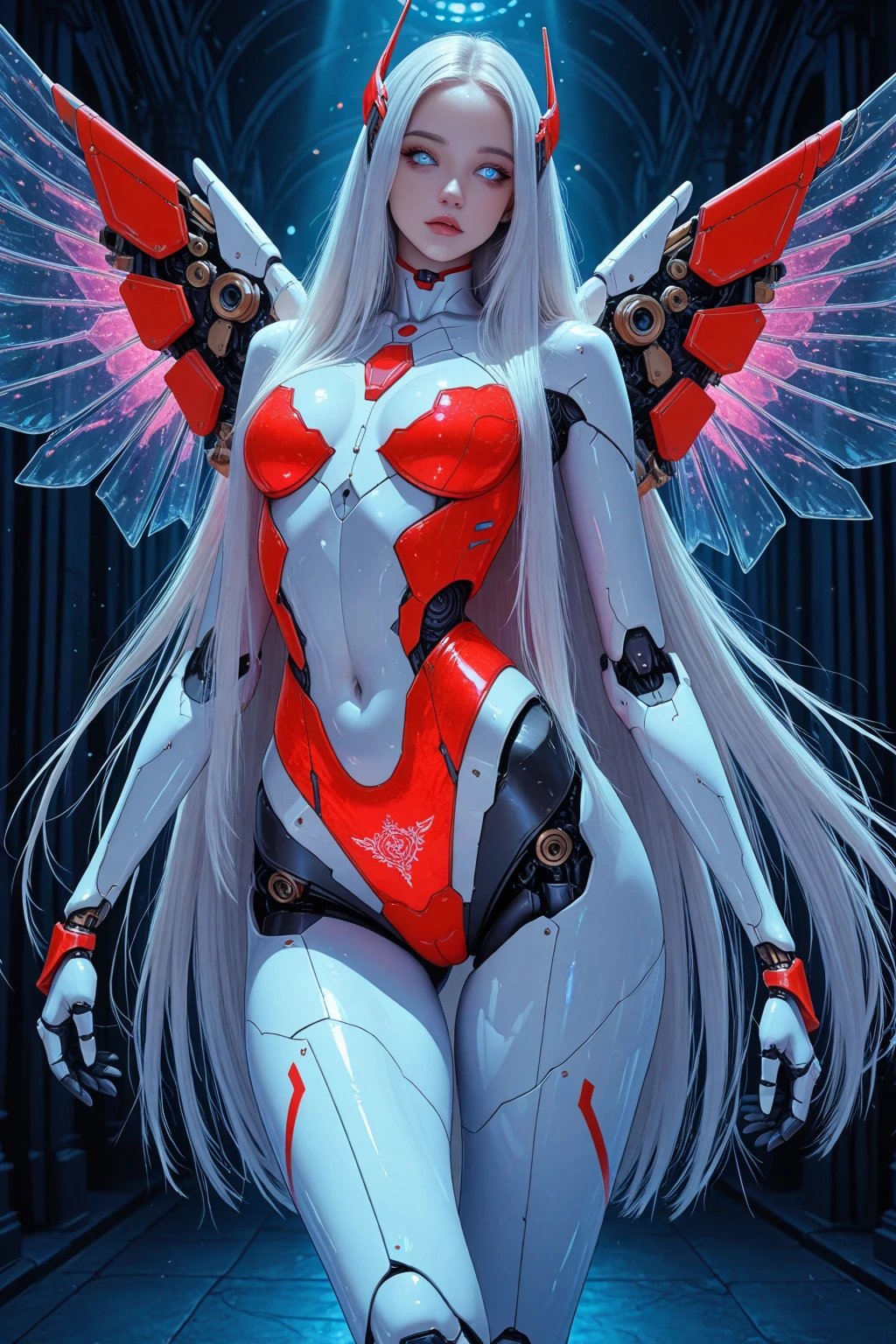 Mechanical Creature, ((Masterpiece, top quality, high resolution, highly detailed CG unified 8K wallpaper)), (huge stunning goddess shot, very hot and sexy, jaw-dropping beauty, perfect proportions, beautiful body, slim body beauty:1.3), A mechanical creature appears in a city and hunts humans, (a multi-legged creature covered in white armor all over its body, helmet-like head shape, white lips, black eyeballs, red eyes, multiple sensor-like eyes glowing red, squid-like lower body, tentacles, black and white body with a plastic sheen:1.5), brutal and emotionless,