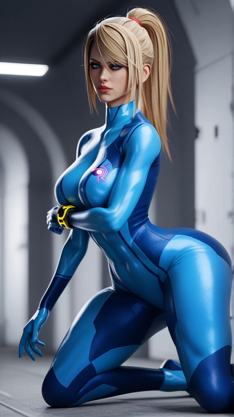 Samus aran beautiful blonde with super tight suit with big breasts and big hips the suit with low neckline in a neon futuristic city 