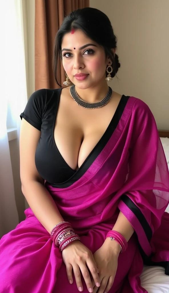 daytime view, close up shot of samantha from top view, wearing pink saree, sitting on chair in office,, looking to camera, big and curvy cheeks, hourglass figure, sexy navel, deep cleavage,swooping breasts, ponytail, necklace, (cinematic:1.3), intricate details , (ArtStation:1.2)rendom nudity
