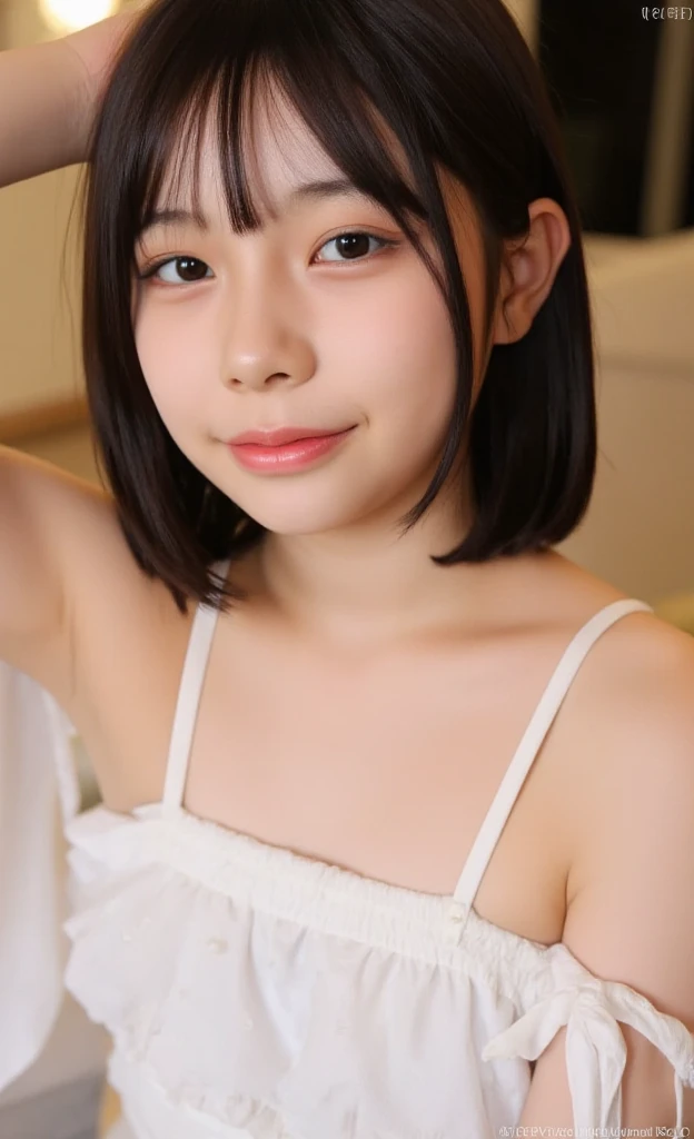 full shot, a 12 years old girl, bangs, naked, full nude, Looking at Viewer, small hips, (smile, happy), in her room, (night:1.8), (moody lighting:1.3)