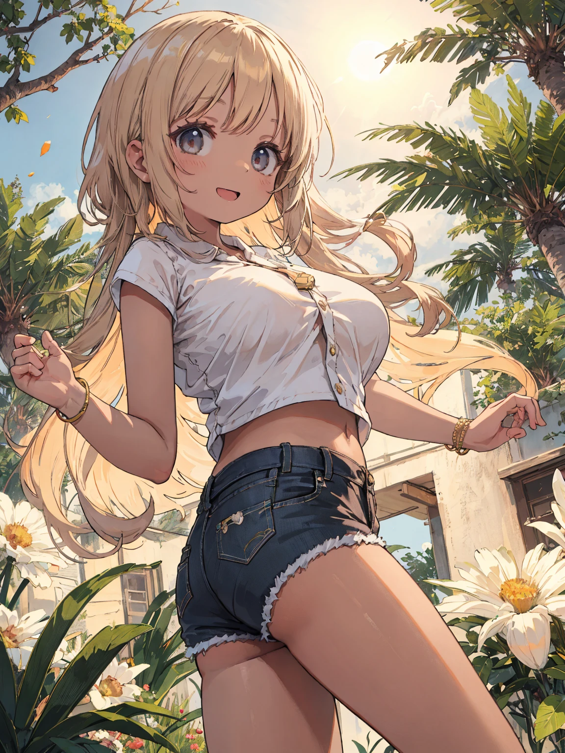 masterpiece, best quality, (1girl:0.999), (breasts:0.998), (shorts:0.994), (polka dot:0.992), (covered nipples:0.964), (halftone background:0.947), (dark-skinned female:0.946), (long hair:0.942), (polka dot background:0.942), (denim shorts:0.938), (dark skin:0.932), (tan:0.928), (tanlines:0.925), (solo:0.924), (underboob:0.917), (denim:0.908), (tank top:0.876), (blonde hair:0.869), (short shorts:0.814), (cutoffs:0.794), (armpits:0.752), (green eyes:0.740), (large breasts:0.734), (thick thighs:0.705), (halftone:0.647), (ahoge:0.604), (thighs:0.555), (smile:0.553)