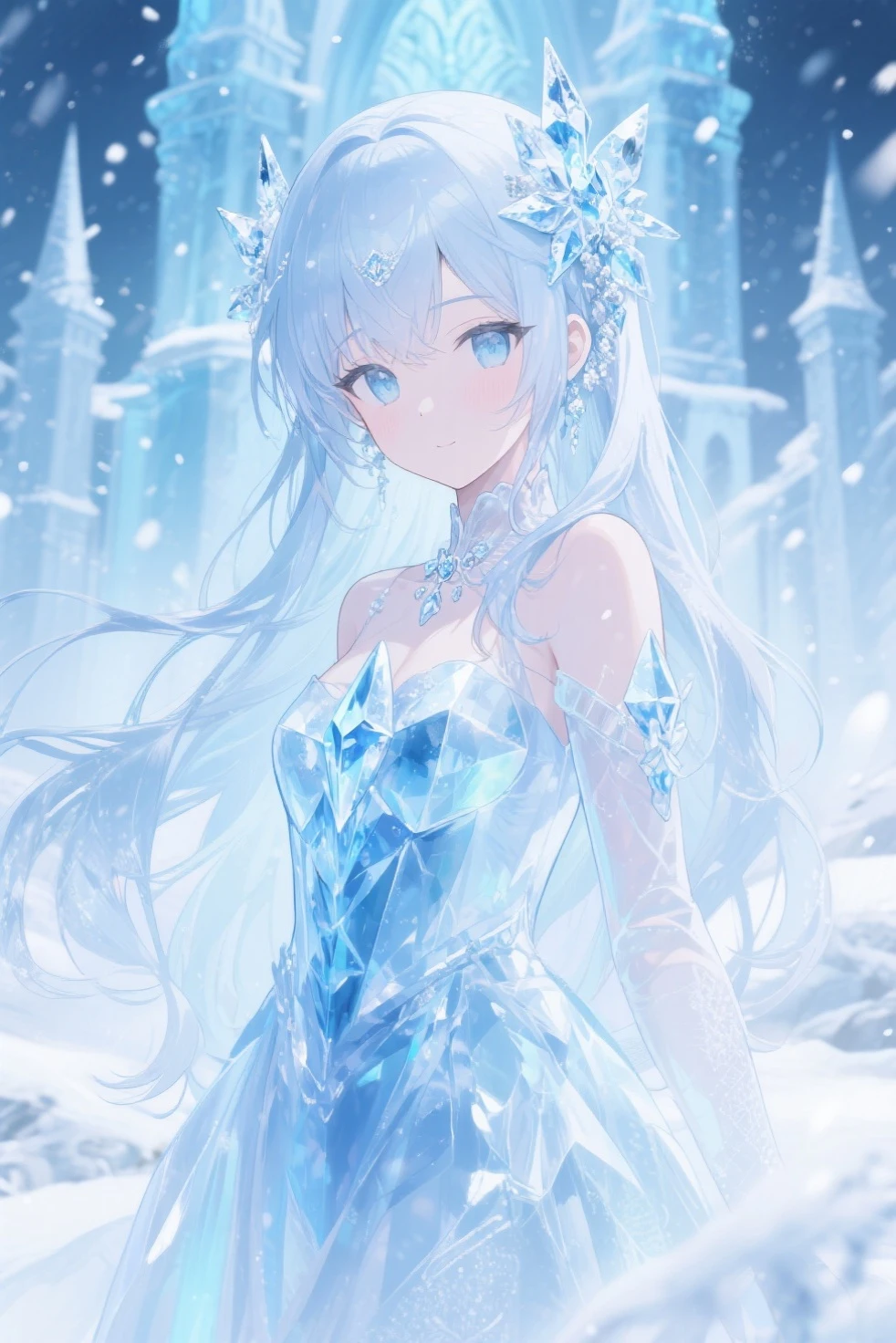 High resolution, Fantasy, Glowing Light, Intricate details, Frozen sculpture, Sparkling Reflection, Unreal atmosphere, Ice-like texture, Magicような雰囲気, Heavenly Beauty, Majestic architecture, Magic, Snow covered ground, Winter Wonderland, Whimsical Calmness, Shining Crystal, frosty enchantment, Fairytale-like setting.