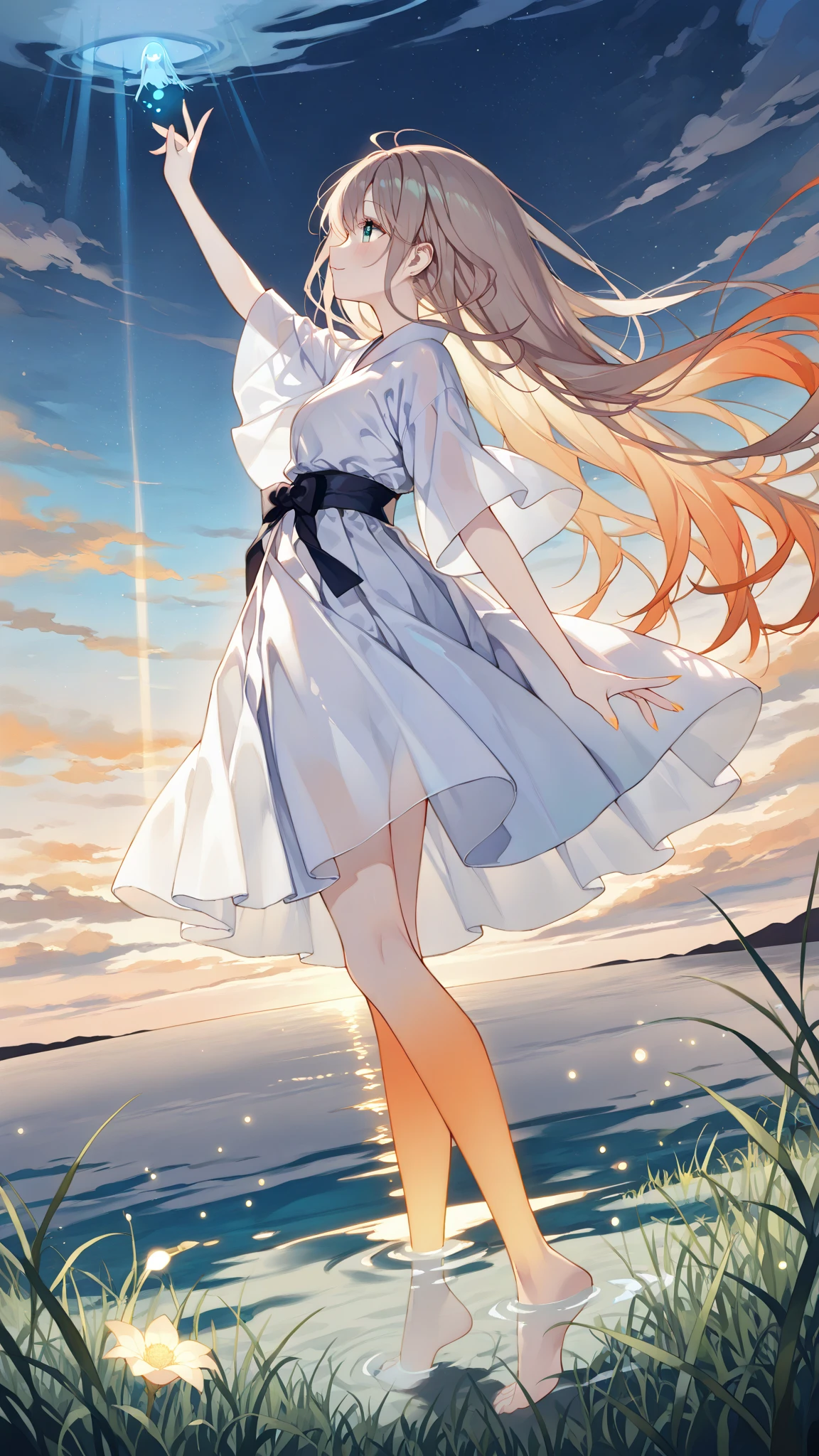 best quality, 4k, ultra-detailed, realistic, Portraits, HDR, vivid, female, 1 girl full body, Colors,(detailed face) Long-haired girl, light blonde hair, straight ankle-length hair, fair skin, long red eyes, girl wearing a transparent white dress that reaches her ankles, bare feet, small breasts, red particles around her body, a blood moon scene in the background, backgroung water below, fantasy scenary.
