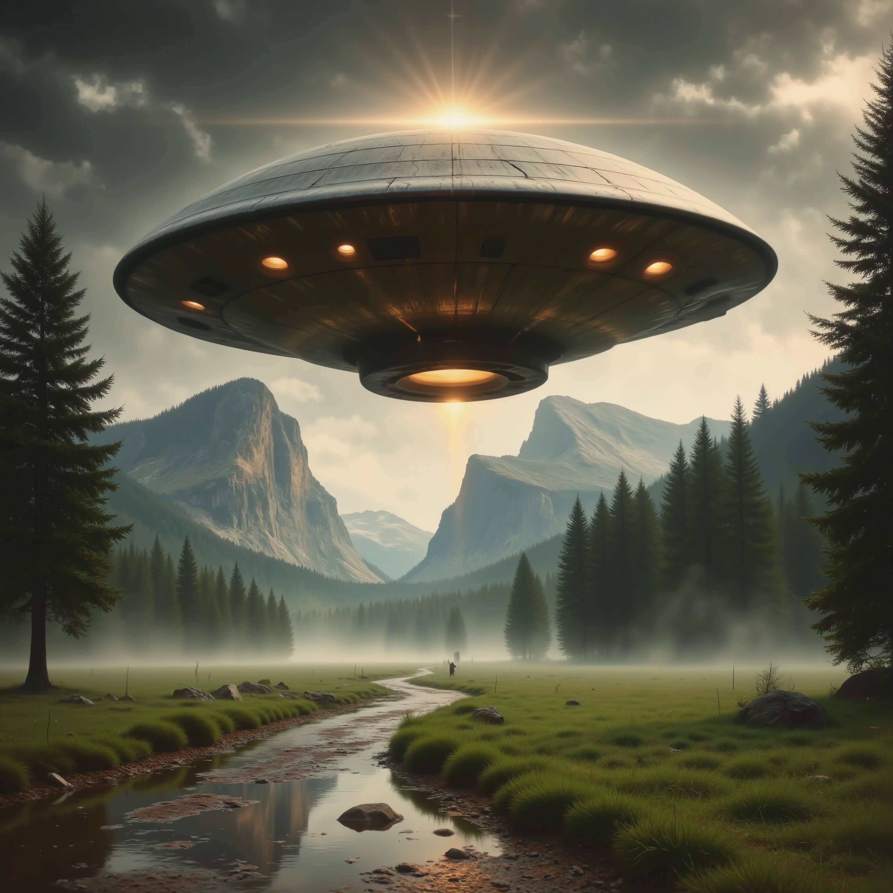 A colossal, disk-shaped UFO hovers silently above a serene, picturesque valley flanked by towering, lush evergreen trees. The silver-grey metallic surface of the UFO is marked with cracks and textures, hinting at an ancient, weathered structure, while its underside emits a warm, glowing light through evenly spaced circular openings. This ethereal luminescence reflects softly on the tranquil river below, which meanders gracefully through the verdant landscape, dotted with small rocks and patches of wildflowers. Majestic mountains rise in the background, their rugged peaks softened by a gentle haze, suggesting a late afternoon or early evening scene under mostly cloudy skies. Sunlight peeks through breaks in the clouds, casting dynamic shadows and illuminating the scene with a mystical, otherworldly ambiance. The scene evokes a sense of awe and wonder, blending the familiar beauty of nature with the mystery of the unknown.