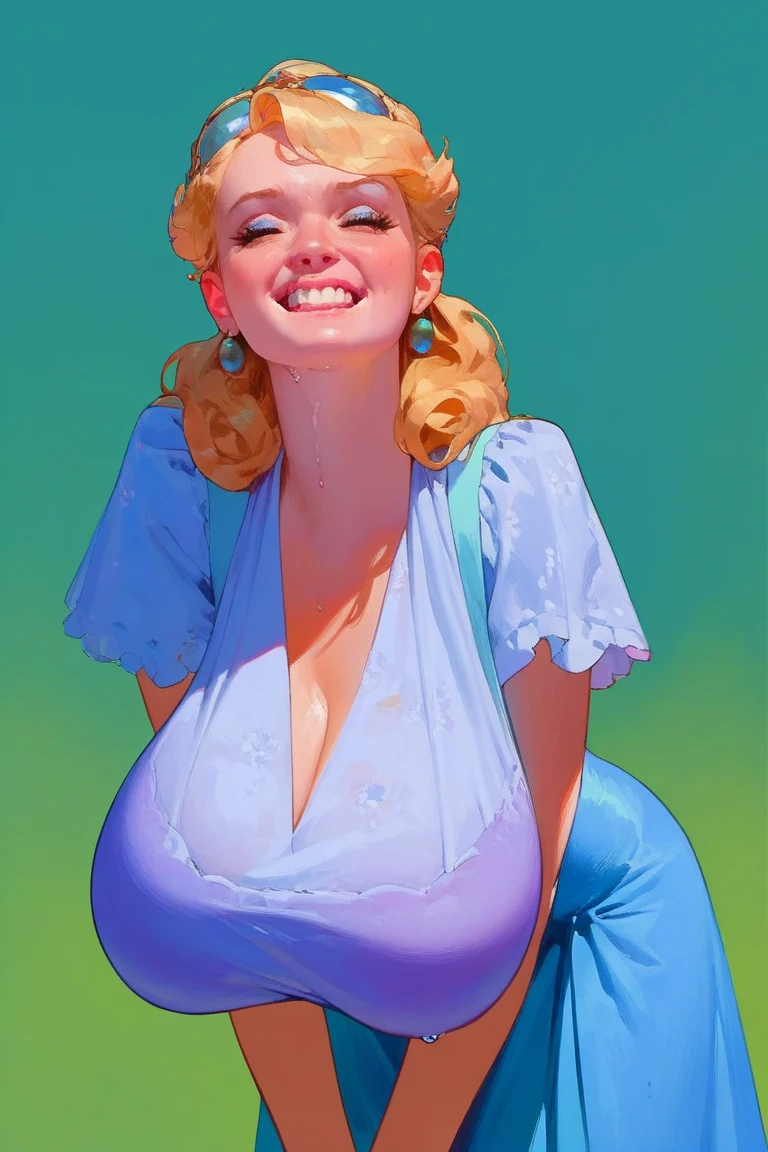 Classic 60’s pinup girl, stunning face, smiling, half body shot, polka dot dress, cleavage, J Scott Campbell style, 8k, ultra sharp, sleeveless, bare legs, huge breasts