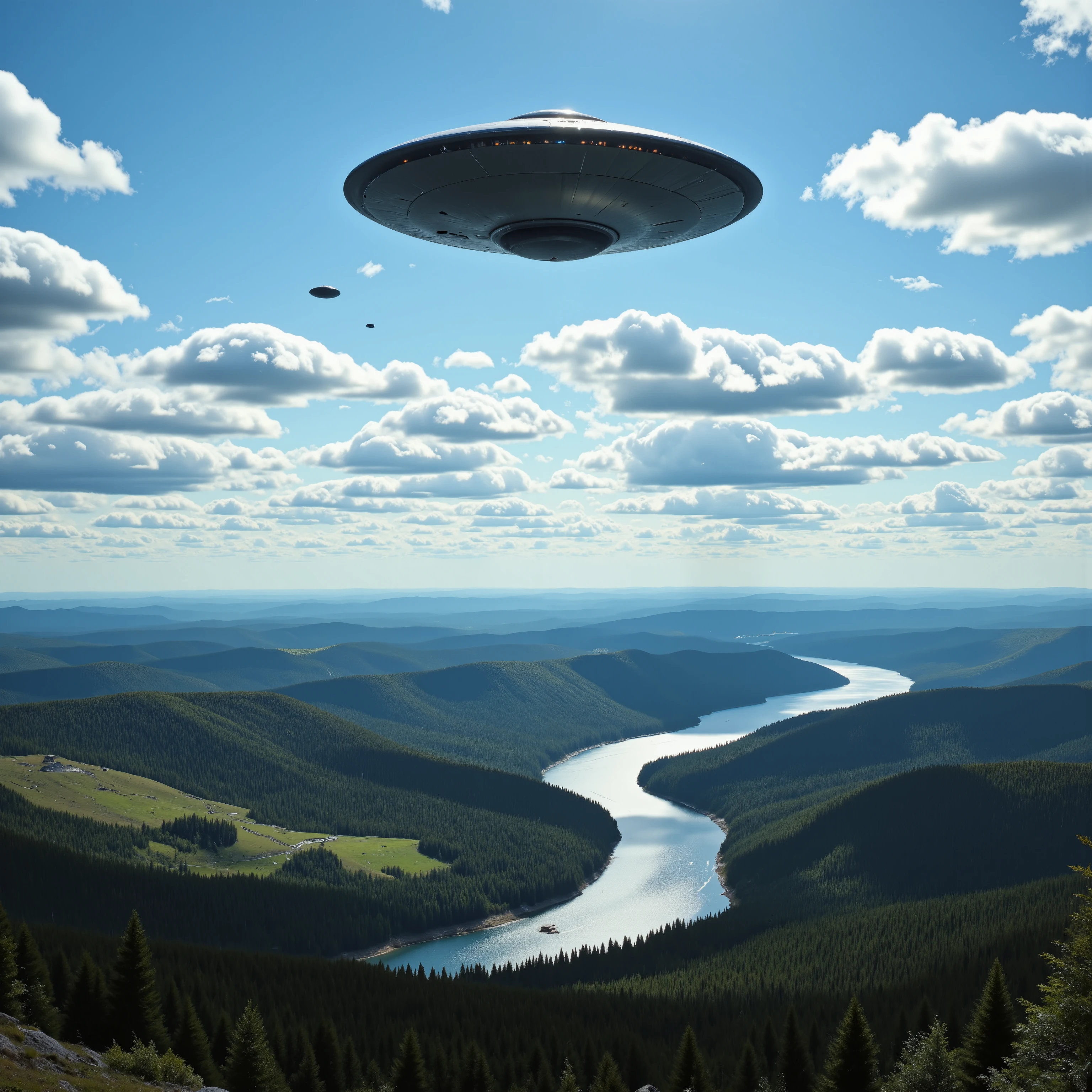 ufolora,From just above a forest valley that leads to a mighty river, a gigantic UFO can be seen above the landscape with seven other UFOs/UAPs flying in formation in the background against a blue sky and small cumulus clouds. Wide-angle view of the great landscape expanse below. Ultra-realistic, photo-realistic, ultra-detailed, 8k, cinematic photography, cinematography, sharp focus, vivid view, best quality, professional movie quality images, icon style, intricate details, dramatic presence in the sky, natural landscape art, hyperrealism, realisticism, professional masterpiece.