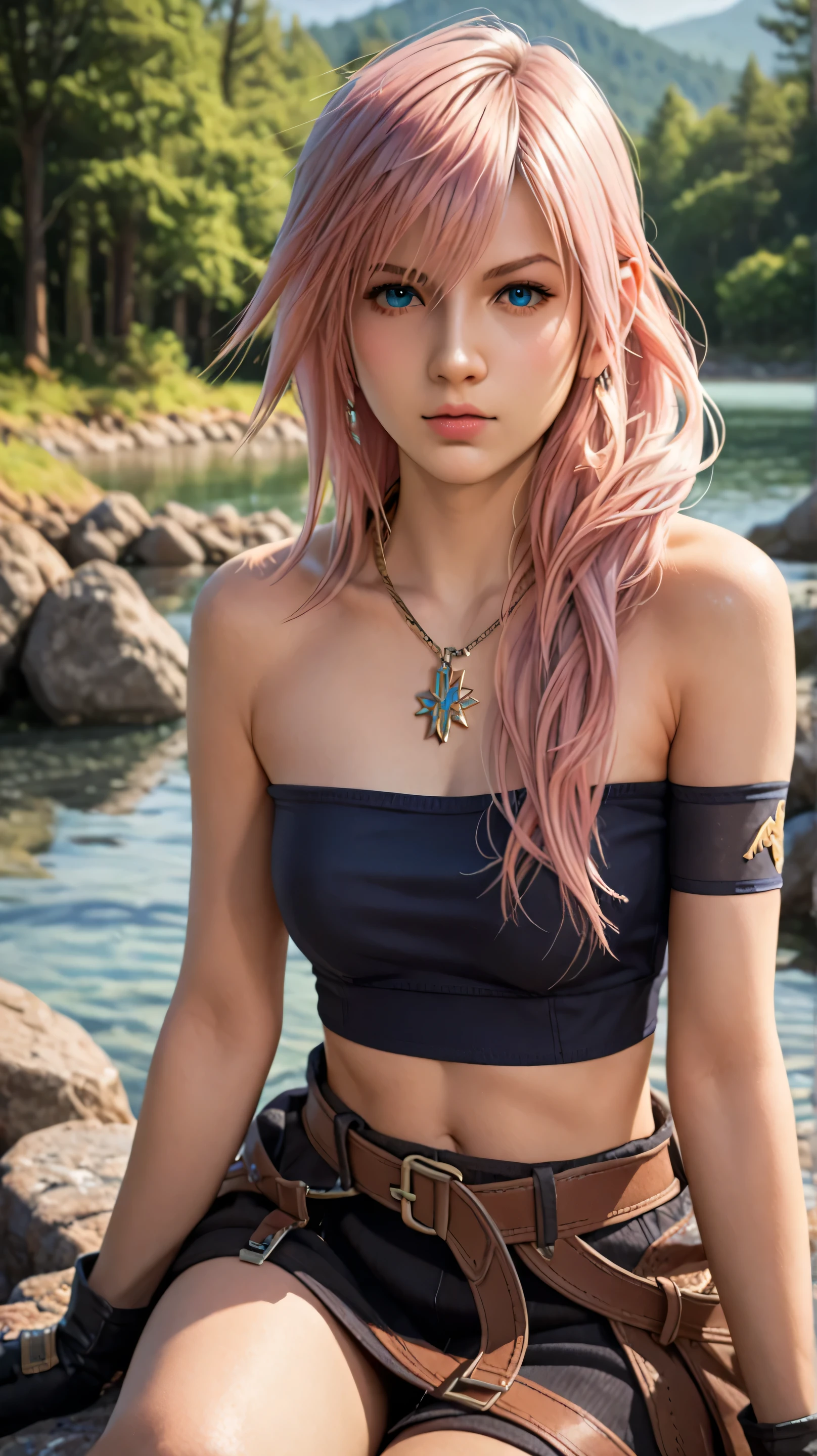 1girl, solo,lightning farron,blue eyes,pink hair,long hair,outdoors,potrait,forest,medium breast,(lake background:1.4),(sitting on stone:1.4),front view,final fantasy outfit, black glove,(close up:1.2),(wear tube top:1.5),potrait