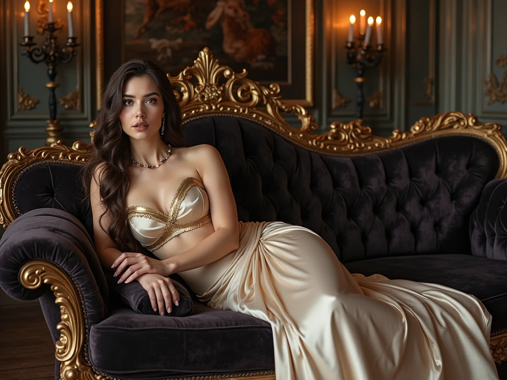 goddesses of destruction brunettes bodies Athletic thin big breasts big buttocks long hair blondes. golden dress with plunging neckline, side slits and tulle front, diamond crown on her throne