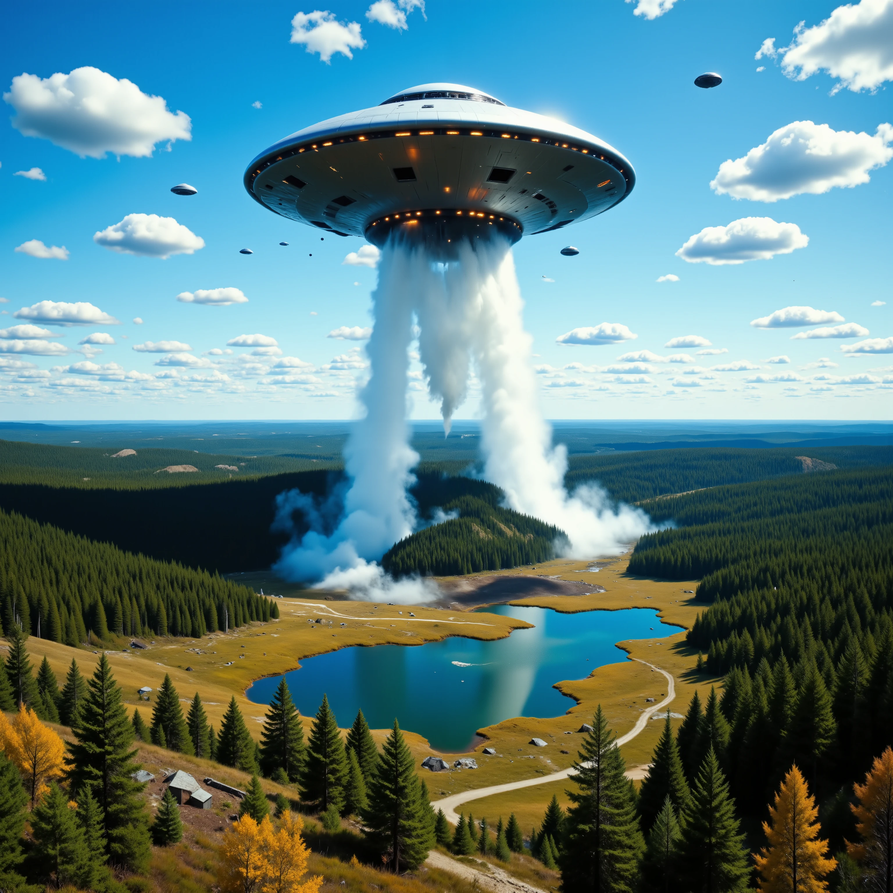 ufolora,From just above a forest valley that leads to a mighty river, a gigantic UFO can be seen above the landscape with seven other UFOs/UAPs flying in formation in the background against a blue sky and small cumulus clouds. Out of the giant mothership UFO a laser beam is cutting into the forest around the lake scorching the trees and leaving a blackened shape of destruction that looks like a UFO. Ultra-realistic, photo-realistic, ultra-detailed, 8k, cinematic photography, cinematography, sharp focus, vivid view, best quality, professional movie quality images, icon style, intricate details, dramatic presence in the sky, natural landscape art, hyperrealism, realisticism, professional masterpiece.