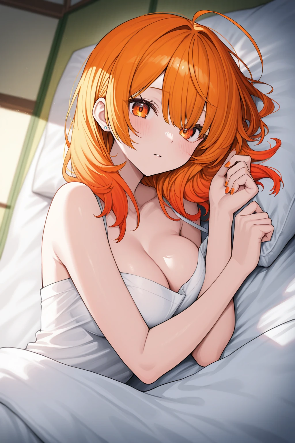 (masterpiece), (high_quality:1.3), Roxanne, (dog ears), (((dog tail))), large breasts, wide_hips, collar, waking_up, bed, closeup, lying down, ((under_covers)), on_bed, smiling, indoors, naked, wooden_house, morning, sunrise, [[forest]], anime