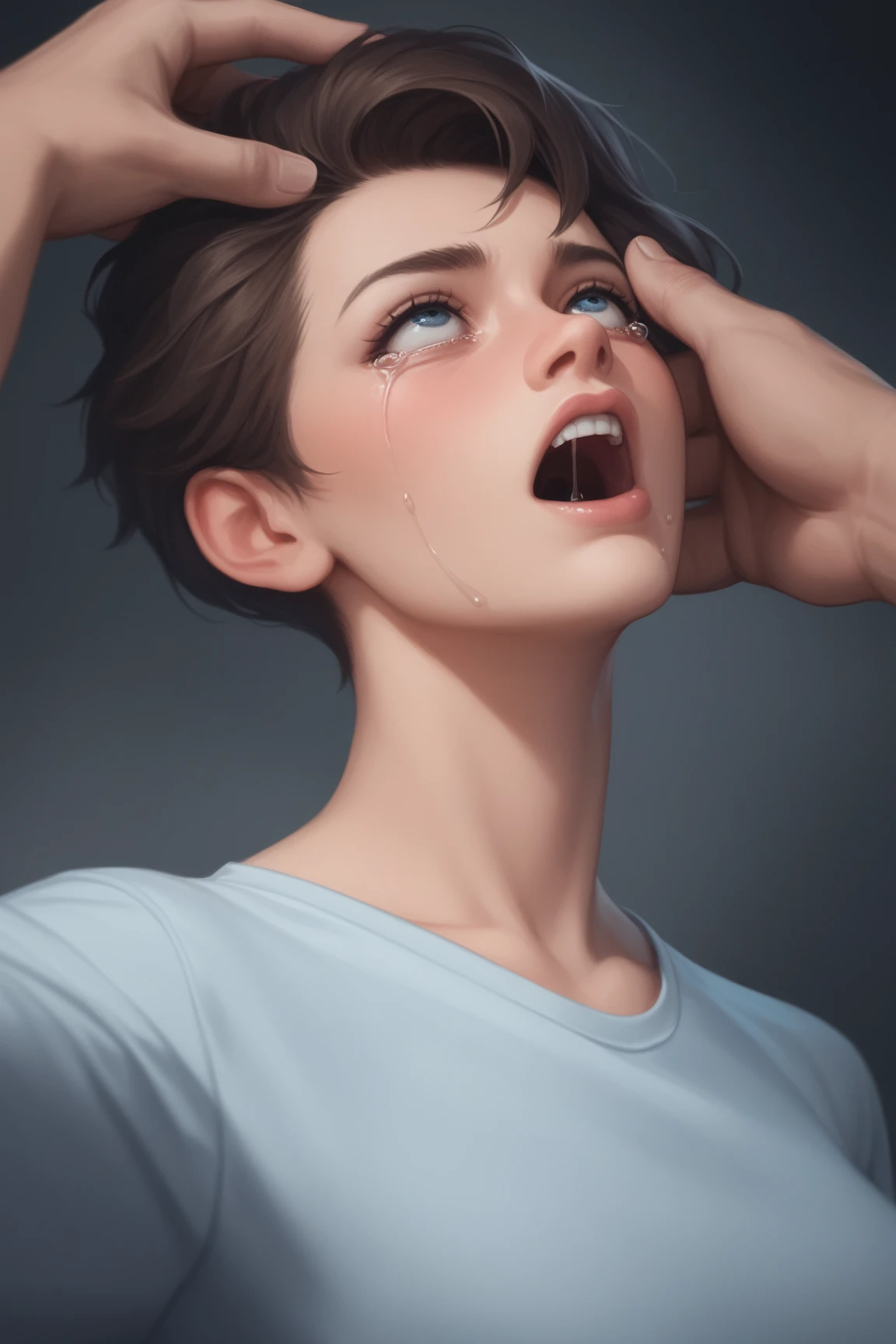 (masterpiece:1.3), (8k, Realistic, RAW Photos, highest quality: 1.4), Absurd, Charm, Ultra-high resolution, Ultra-realistic, Very detailed, Golden Ratio, (Realistic), (Best Shadow), Low contrast, (Complex:1.4), Side lighting, 8K, Beautiful Face, (Realistic Face), Beautiful hairstyle, Realistic eyes, Beautiful fine details, (Realistic Skin), Beautiful Skin, (One girl), ((Sasha Calle)), ((SUPER GIRL)), (Accurate hand and finger depiction), Supergirl Women, (Black Hair, Handsome Short:1.3), ((Are crying:1.0)), (Frowning), ((Mouth open:1.3)), (Flushing) , (Sweat), NSFW ((fellatio)), ((deep throat:1.2)), (Blowjob face), deep throat, ((cum on face:1.3)), ((cum on tongue:1.2)), BREAK (1boy, 1penis:1.2), real penis, ((Thick penis:1.1)), (projectile cum:1.4, excessive cum:1.5), ((Bust Shot)), ((View from directly below))