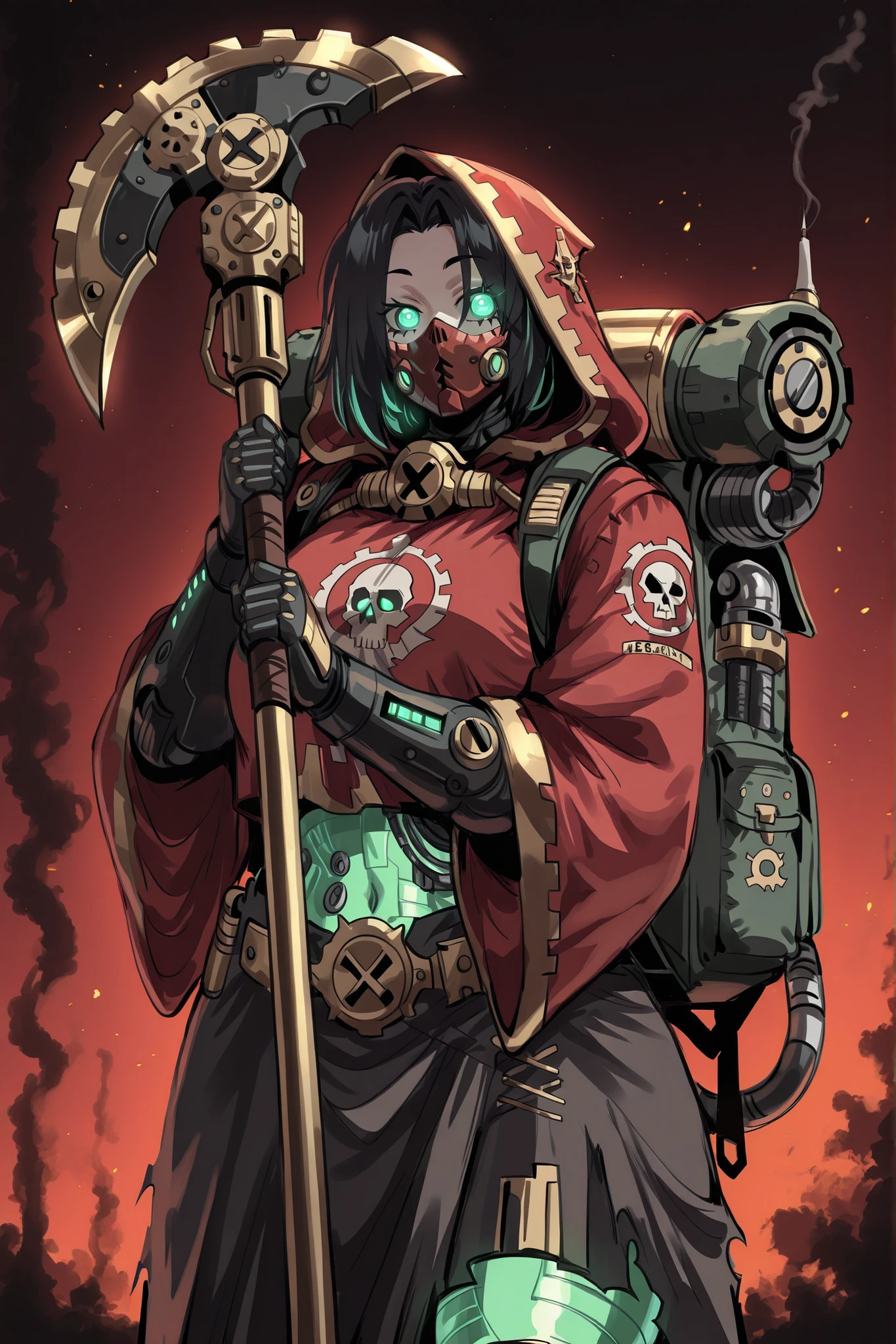 kurenaiz, masterpiece, best quality, amazing quality, very aesthetic, high resolution, ultra-detailed, absurdres, newest, warhammer 40k, 1girl, Adeptus Mechanicus, black hair, red mechanicus robes, exposed midriff section, glowing green bionic eye implant, human body with metallic implants, dark Mechanicus, backpack without straps, two-handed Omnissian power axe hold on one hand, partial cybernetic enhancements, gothic industrial setting, technical details, brass and copper accents, dark atmosphere, incense smoke, mechanical parts integration BREAK,