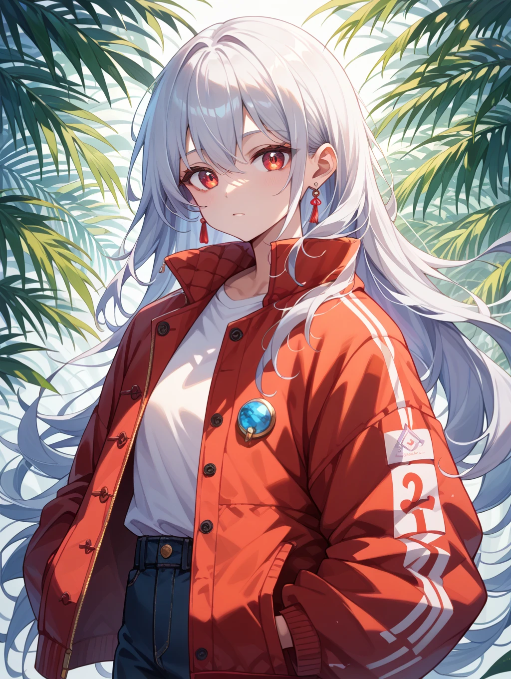 1girl, short ash grey hair, short ponytail, red eyes, wearing openen white zip hoodie, white swimsuit, hairpin, high res, ultrasharp, 8K, masterpiece, beach, open hoodie, palm trees,