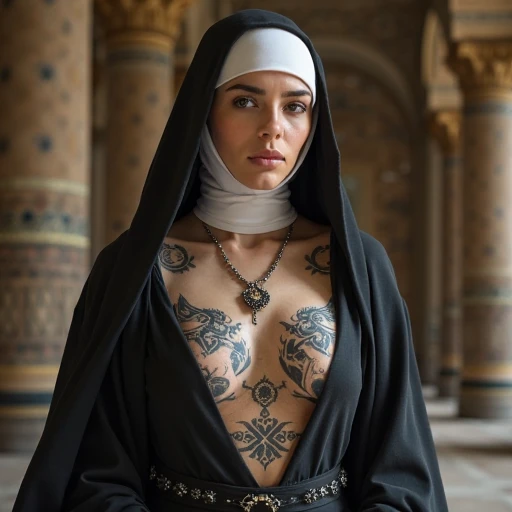 (raw, analog) (gothic nun huge breast) (latina expressive face) (peruvian face) (mature face), set in the 1990's, surreal make up, leather clothes inside a gothic church at night, expose genitals, erect nipples visible, neon lights, very dark, horror, red shades, chaos, sinister, high details, ultra realistic, SonyA7III, cinematic lighting, film, grain, UHD faces, volumetric shadow, insanely detailed, expose vagina.