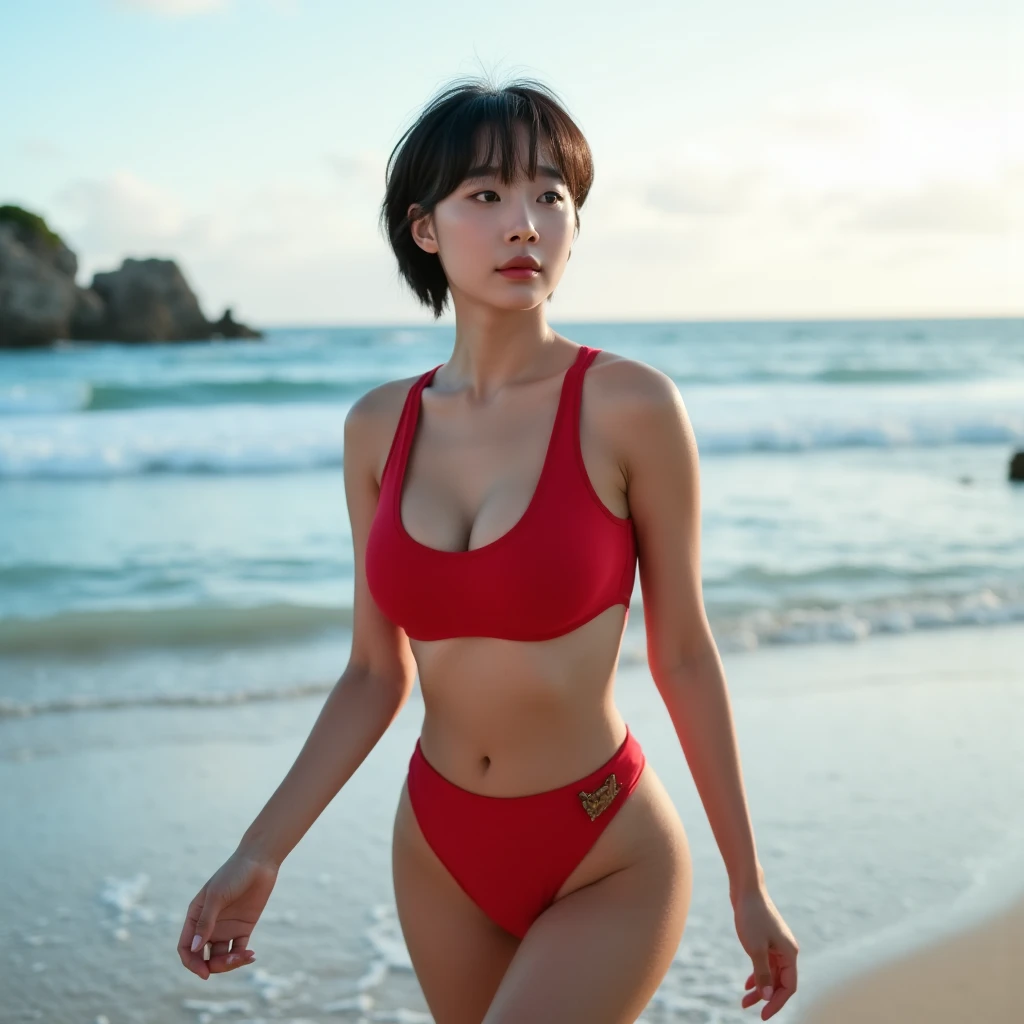 xyzruby, 1girl, brown hair, beautiful, earrings, makeup, vibrant, eyeliner, mascara, 3d render style, midriff, red headwear, red crop top, butt sculpting leggings, cap, stripe pattern, feminine pose, at the beach, sexy pose, looking back at the viewer, worm's-eye view