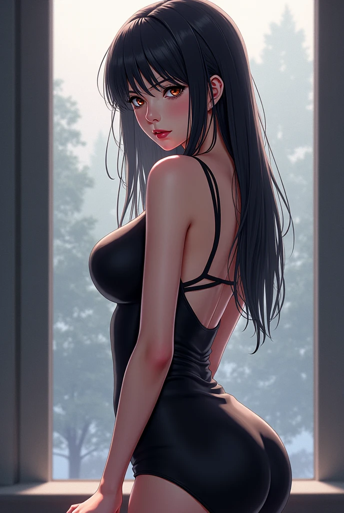 Asian girl, From behind looking at viewer, huge ass, cold stare, sexy, huge breasts,score_9, score_8_up, score_7_up, 1girl, source_anime, haughty, low angle view, muscled thighs, sexy shiny skin, wet, sideboobs, black dress, front view, hard nipples, wet pussy