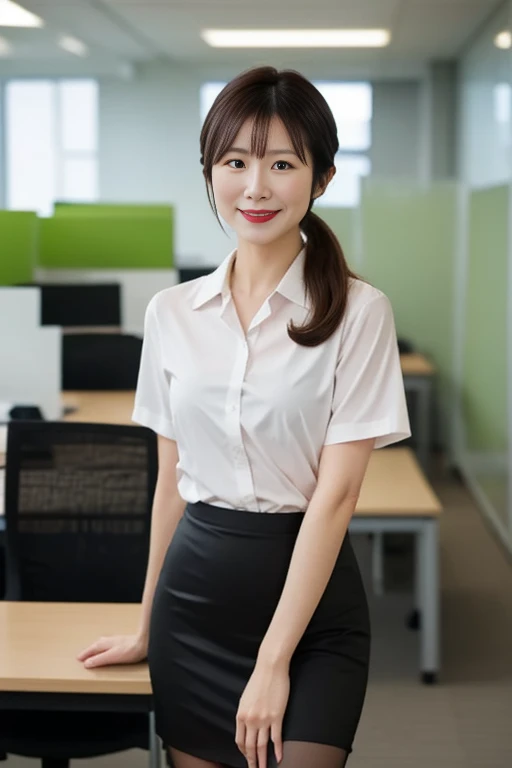 Japanese beauty、Business service, gray skirt, business clothes, Work clothes, Work clothes, catalog photo, from me, Detailed image, business clothes装, Image Center, grey, white shirt and gray skirt, wearing a business casual dress、Her white panties are visible from under her skirt、laughing、sitting、slim japanese woman、thin shirt