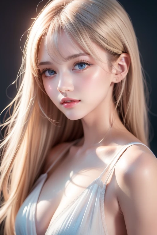 18Year old woman:a smile, soft portrait shot 8 k, perfect gray hair girl, with long blonde hair, light milky white porcelain skin, Beautiful blonde girl, soft pale white skin, pale porcelain white skin, photorealistic anime girl render, pale hair, cinematic bust shot, close up bust shot, pale woman, soft pale golden skin
