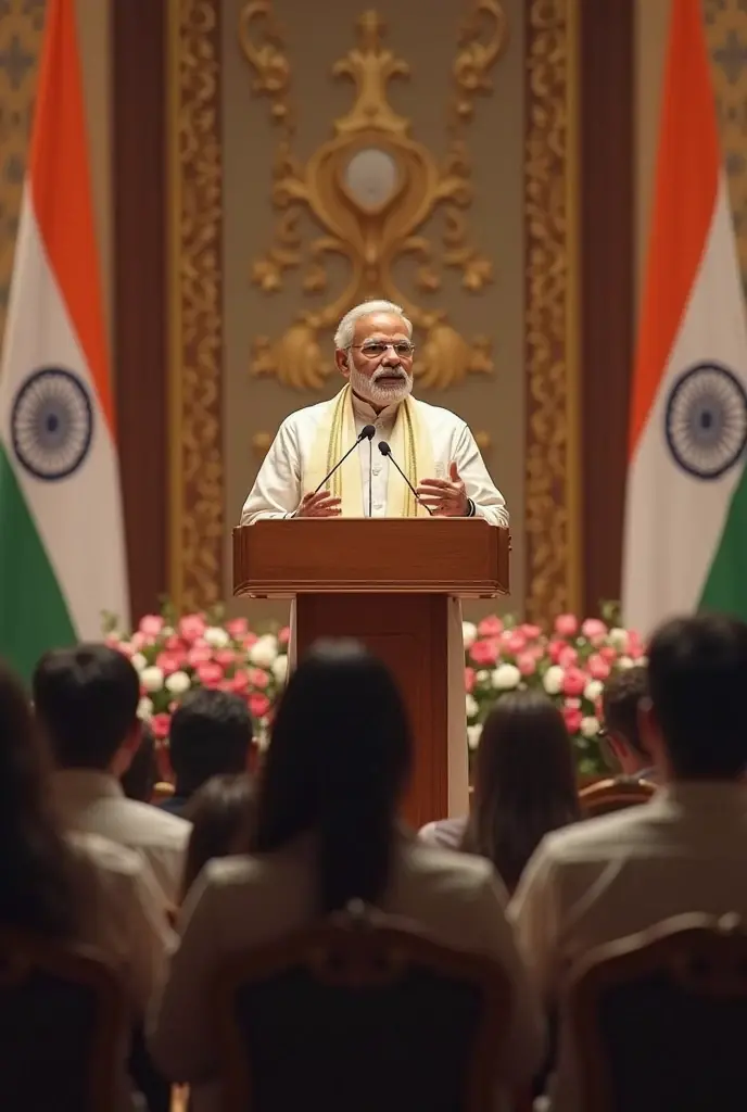 Narendra Modi, the charismatic prime minister of India, delivers a speech on stage with an engaging and confident demeanor. His words flow effortlessly, captivating the audience with his powerful oratory skills. The stage is bathed in soft and focused lighting, creating an atmosphere of intensity and importance. Modi wears his traditional Indian attire with pride and poise, his presence radiating an aura of authority and determination. The crowd listens intently, their faces reflecting a deep sense of admiration and inspiration. This high-quality, cinematic moment is reminiscent of a political masterclass, captured in exquisite detail through the lens of a Canon EOS R