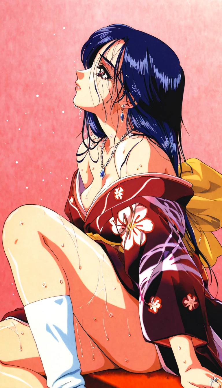 ((Highest quality)), ((masterpiece)), (detailed), （Perfect Face）、（The woman is a 12-year-old princess from the Sengoku period in Japan., Long black hair and a beautiful face　Located in a lewd samurai residence.、The woman is wearing a Japanese white kimono with a richly embroidered red shiny robe over it.　The red robe worn by Japanese princesses　Her hair is styled in a straight hime cut.　It is decorated with gorgeous ornaments from the Edo period.,   She is made to lie on her back on a glossy vinyl futon and is forced to have sex with a dirty old man and lay eggs from her hairy pussy.