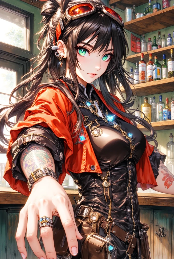 sehele style, <lora:sehele:0.4>, (((seductive smiling))), (((sitting in a tavern))), holding a cherry cocktail, Sadeena, black hair, long hair, blue eyes, hair ornament, bare shoulders, jewelry, necklace, pelvic curtain, large breasts, (((underboob))), midriff, navel, elbow gloves, black thighhighs, (((sarashi))), 8k, 16k, trending on pixiv, fanbox, skeb, masterpiece, detailed face, digital painting, (((tavern background))), <lora:Sadeena-v1.0:0.7>