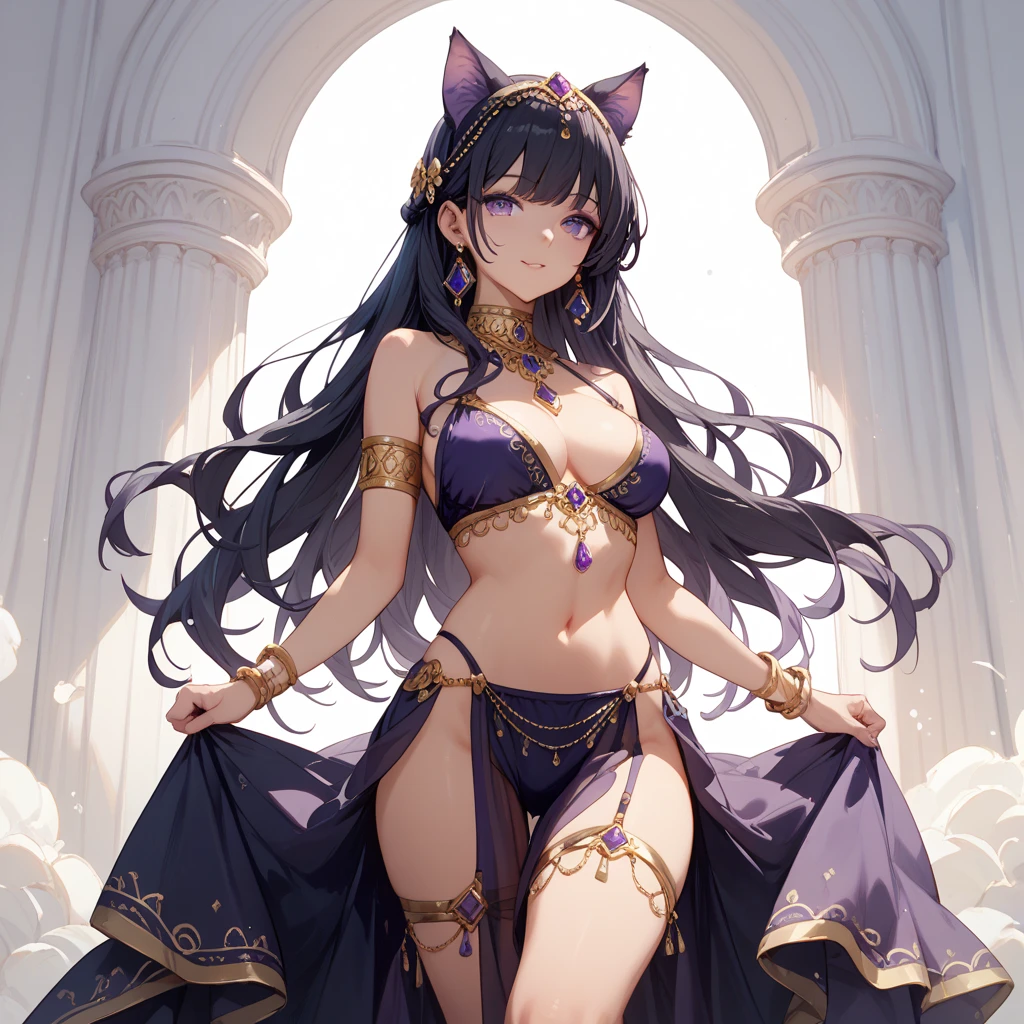 a blue-skinned belly dancer with long flowing indigo hair and deep purple lipstick, bells on her hips, and a mystical air surrounding her