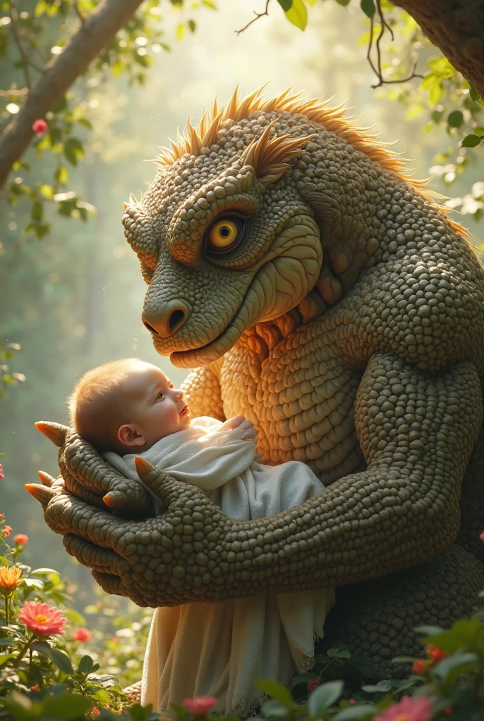 Reptiliana , green scale color with black. She wears a brown cloth, wrapped around the waist and ????? . She carries in her arms a blond human baby wrapped in white cloth. , that touches your snout. Beside him is his Reptilian son who looks curiously at the human baby..
They are on top of a canyon at night full of stars 