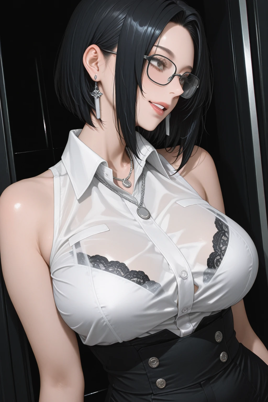 ( there is a woman holding a cigarette in her hand ),( Elizabeth from Burial at Sea ) (realistic:1.5), (fully dressed), ((female in 1950 hair short hair style a white long-sleeved blouse, her bird cameo, a black knee-length tight fitted skirt with a red belt, fishnet stockings and black heels with an ankle strap. Her hairstyle is brushed out pin curls and she wears make-up. )), (long black skirt:1.2) (white shirt:1.2) (masterpiece), (specular lighting:1.3), (hyperrealistic:1.2), (photorealistic face:1.2), (perfect face), (perfect eyeest quality), (there is a woman holding a cigarette in her hand, elizabeth from bioshock Burial at Sea, dramatic smoking pose, epic and classy portrait, beautiful , with smoke, cigarette, bioshock steampunk portrait ), (4k), sharp focus, octane render, best quality, extremely detailed, intricate, fantasy, soft lighting, (curvy:1.3), ( big eyes :1.3), (futanari:1.2), thick eyelashes, long eyelashes, ( slim ), smile, ((1950:1.5)), ( red lips, long eyelashes, mascara, eyeliner, eyeshadow, makeupt:1.3), cosy, looking at viewer, detailed skin , zfyta futanari, (erection:1.2)