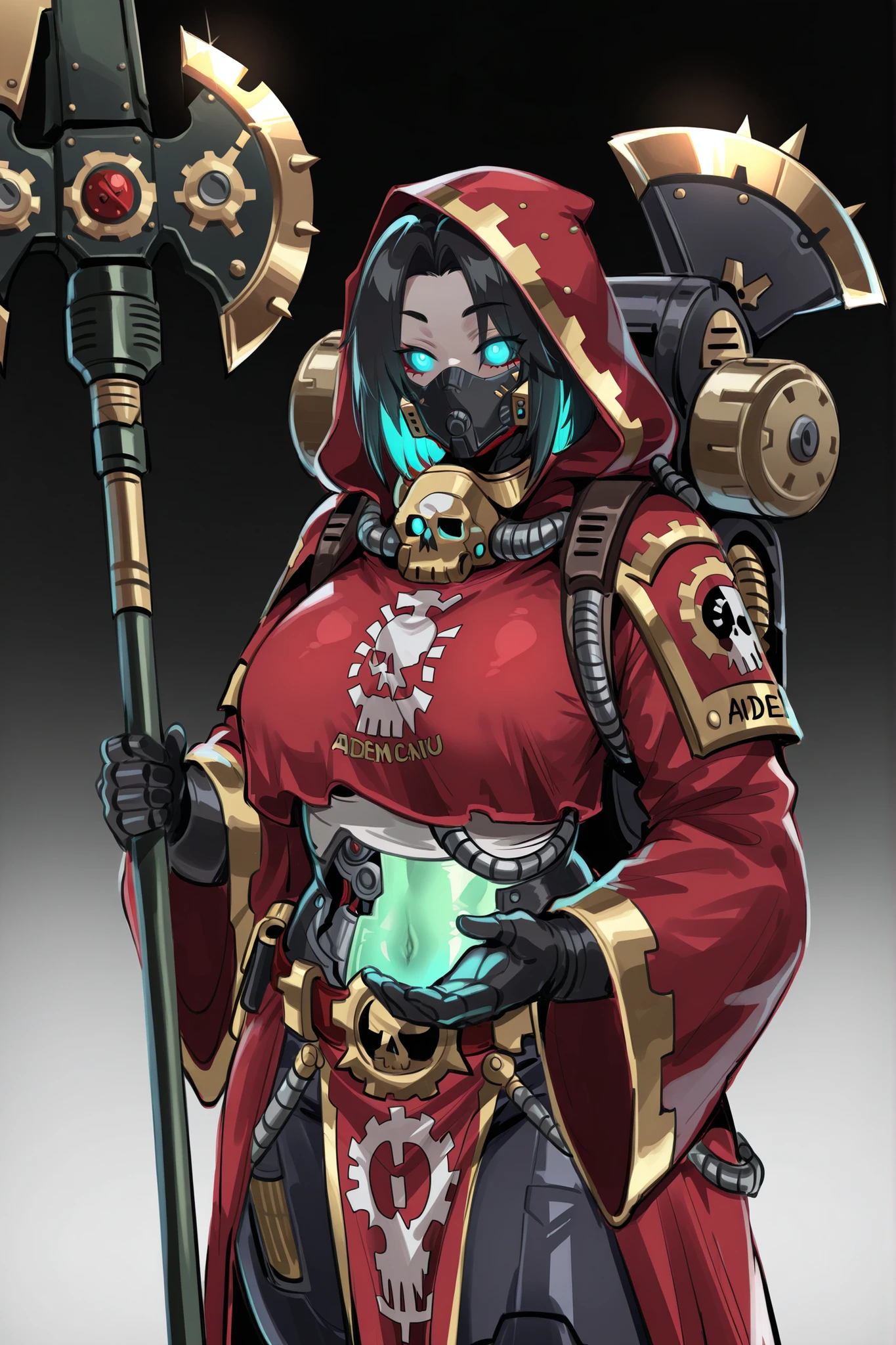 kurenaiz, masterpiece, best quality, amazing quality, very aesthetic, high resolution, ultra-detailed, absurdres, newest, warhammer 40k, 1girl, Adeptus Mechanicus, black hair, red mechanicus robes, exposed midriff section, glowing green bionic eye implant, human body with metallic implants, dark Mechanicus backpack, two-handed Omnissian power axe hold on one hand, partial cybernetic enhancements, gothic industrial setting, technical details, brass and copper accents, dark atmosphere, mechanical parts integration BREAK,