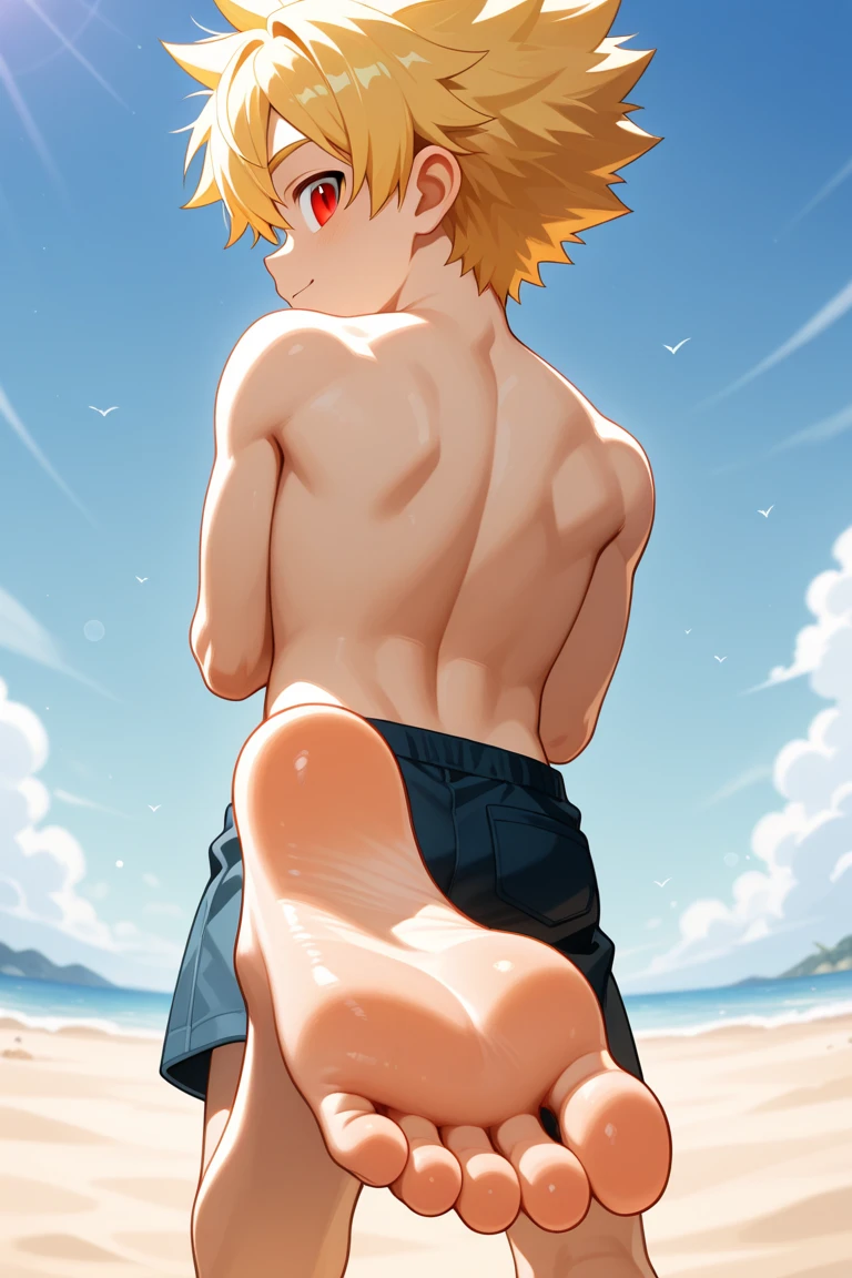 horikoshi kouhei, absurdres, bakugou katsuki , blonde hair, boku no hero academia, chama kou, highres, looking away, male focus, muscular, muscular male, red eyes, short hair, spiked hair, 8k quality, ocean, (Bakugo_Katsuki, detailed eyes, detailed face, (((full body))), visible foot, barefoot, (((standing on the ground))), (((hands on back of head))), sandy blond hair, red eyes, ((light smile))), looking at viewer, embarrassed, blush, looking from down, masterpiece, best quality, male focus, upper body, handsome, male, gay, smooth and sharp focus, Wet body, one penis, (((XXL up penis semen dripping))), (((nsfw))), (((emphasizing the extraordinary size of huge pregnant belly)))