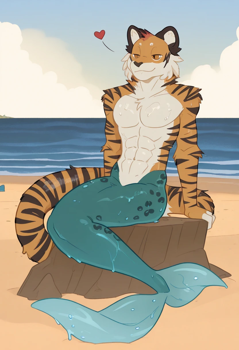 A male anthropomorphic animal that is a mix between a shark and a wolf he is sand colored and has brownish triangular stripes along his tail, back, arms, and legs and his chest is lighter than his sand colored fur his tail is a shark tail and his entire body has fur on it.