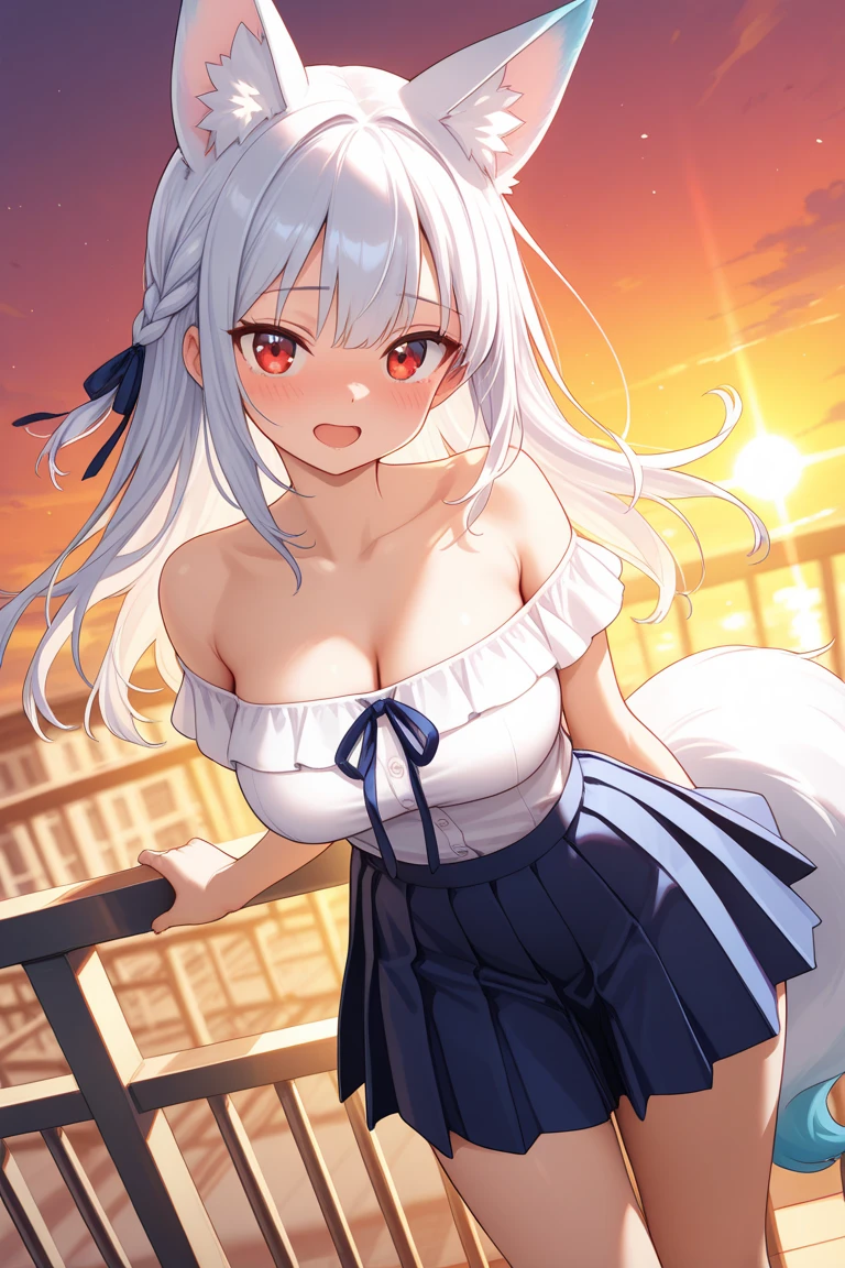 (masterpiece:1.2), (best quality:1.2), (intricate details:1.2), (anime coloring:1.1), ((top-quality)), solo girl, silver hair, blue eyes, long hair, medium breasts, mature body and face, wavy hair, smile, (parted lips:0.9), bare shoulders, cleavage, leg up, female focus, school uniform, seifuku, knee-highs, long sleeves, socks, black socks, black thighhighs, underwear, upskirt, pleated skirt, sitting, night background, night sky, perfect hips, sexy pose, cowboy shots, detailed body, face, and eyes, illustration, sharp focus, vibrant, creative, dynamic, high definition, high resolution, 16k quality, (Upscale: R-ESRGAN 4x+ Anime6mage enchance:4x), (beautiful illustration), (beautiful detailed eyes 1.2), (beautiful detailed face:1.2), (beautiful detailed body:1.2), (better hands:1.2), voluptuous body, cinema lightning, dakimakura style, good anatomy, perfect eyes, perfect body, perfect anatomy, perfect chest, looking at the viewer,