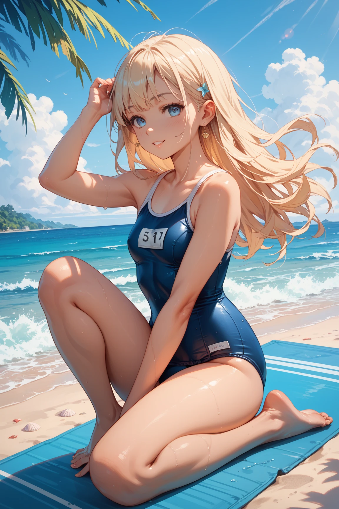 ((Best Quality)), (ultra-detailliert), ((Extremely detailed)), (Beautiful), ((Kawaii Girl)), ((UHD)), (masterpiece), (high quality), (best quality), (4K), (high quality), 1, solo woman, 1woman, ((platinum blond hair)), parted bangs, ((hair intakes)), long hair, (hair two side up long), ((jade colored eyes)), slanted eyes, large breasts, slender body, competition swimsuit, Pool Background, (blue sky:1.3), solar, sunlight, anime style, full body,
