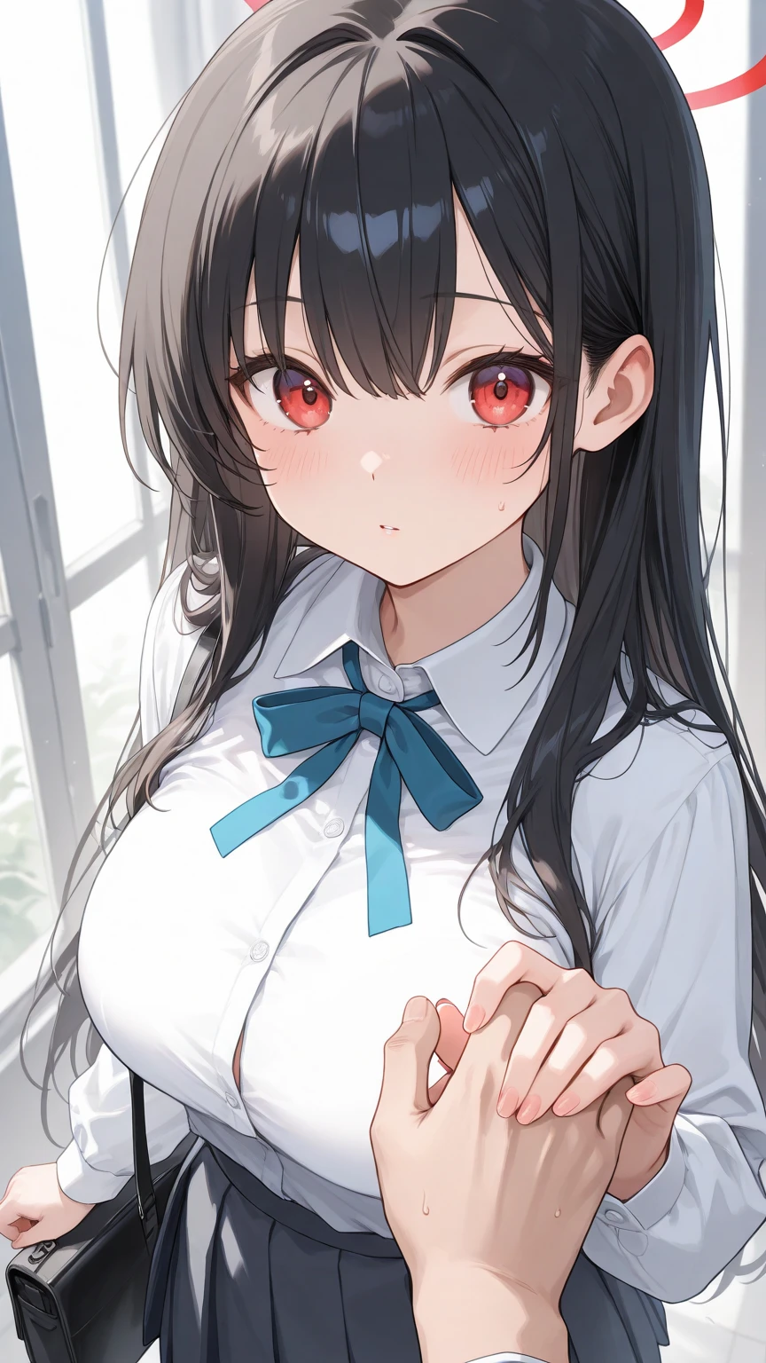 best quality, ultra detail,girl, blush,red eyes,outdoor,black longhair, white blouse, see-through,wet,rainy day,under roof, <lora:Transparent clothes_concept_v1.2:0.7>shy pose,evil smile,from above,white lace bra