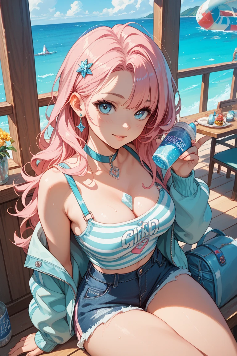 8K,gal,an extremely delicate and beautiful,Beautiful and realistic skin,Shiny jewel-like earrings,Shine like glitter long colorful hair,beautiful eyes,bikini,hot pants,apron,carry beer,full body,beach house