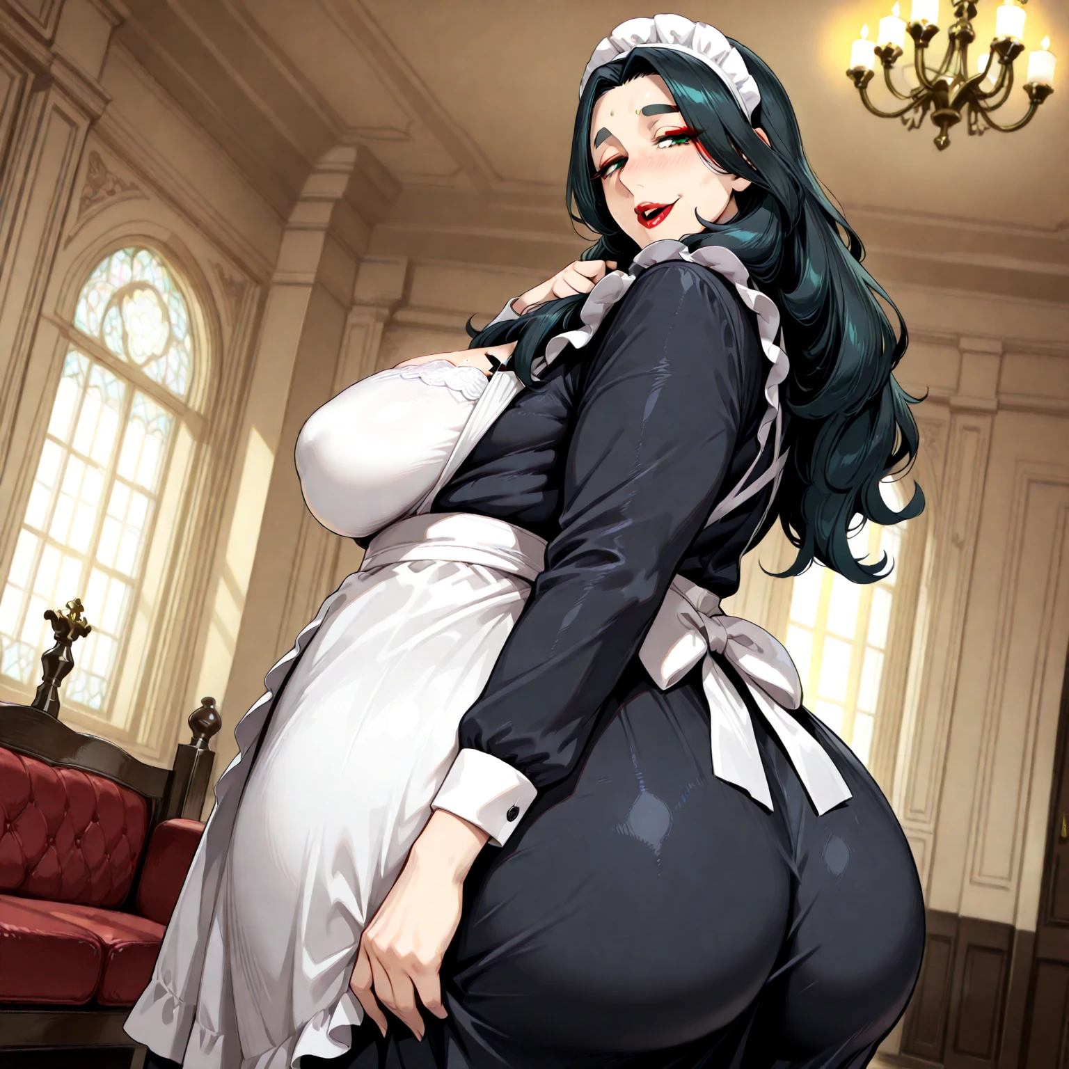 ((Masterpiece)), ((Best quality)), ((detailed)) black woman, african woman, dreadlocks, afro hair, black hair, african hair, curly hair, beautiful woman, maid dress, black headband, bedroom, huge breast, voluptuous woman, wide hips, thick thighs, massive but, serious expresión, full body shot