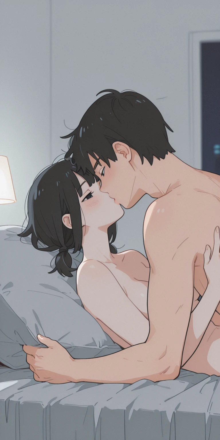 A naked girl with short black hair and modest pubic hair is forced to kiss a naked middle-aged man while having sex with him in the cowgirl position, crying and screaming in disgust.、Physical Education Preparation Room