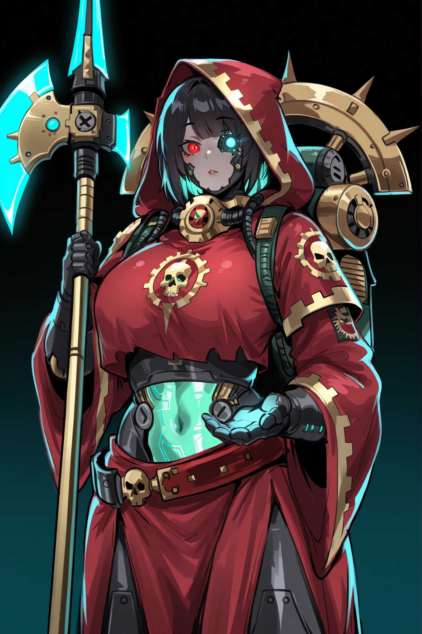 kurenaiz, masterpiece, best quality, amazing quality, very aesthetic, high resolution, ultra-detailed, absurdres, newest, warhammer 40k, 1girl, Adeptus Mechanicus, black hair, red mechanicus robes, exposed midriff section, glowing green bionic eye implant, human body with metallic implants, dark Mechanicus backpack, two-handed Omnissian power axe hold on one hand, partial cybernetic enhancements, gothic industrial setting, technical details, brass and copper accents, dark atmosphere, mechanical parts integration BREAK,