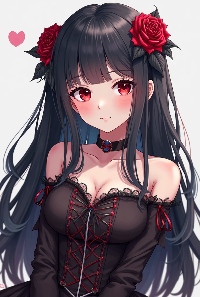 A provocative and sensual image of a woman wearing hints of black and red lingerie. The female body is emphasized with the use of a leather harness that wraps around her torso, accentuating her curves. She also wears a delicate choker adorned with a small, red gemstone resting on her neck. The overall aesthetic is sultry and captivating, with a touch of BDSM influences.