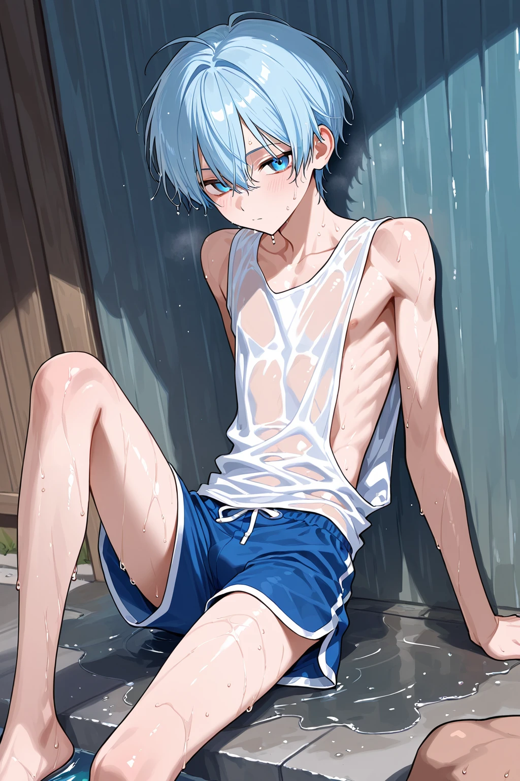 Wallpaper phone,masterpiece,best quality,8K quality,unparalleled clarity,best strokes,full body character,panoramic,telephoto lens, delicate face,Boys have very delicate fingers,sports student,Handsome boy,charming,10 years old,Shota,abdominal muscles(0.5),anime characters,white fox ears,heterochromatic eyes,look at the audience,sneering,male focus,Gray hair is messy,Take a shower in the shower,not wearing tops,Wearing only blue shorts,standing posture,The crotch is raised,Place a hand on your face,Look from the bottom up,Clear background image