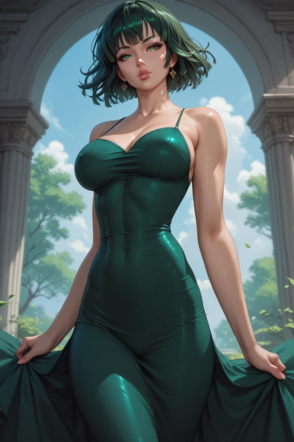 Beautiful 24 yo woman of Irish descent. athletic figure,(pale:1.4)complexion. raven black hair, green eyes, cute butt, nice legs. Kind eyes,(joy:1.3),(smile:1.2). Long flowing dress, high heels.Masterpiece, (highly detailed:1.2),(detailed face and eyes:1.2), depth of field, 8k wallpaper, natural lighting, core shadows, high contrast, bokeh.(rule of thirds)