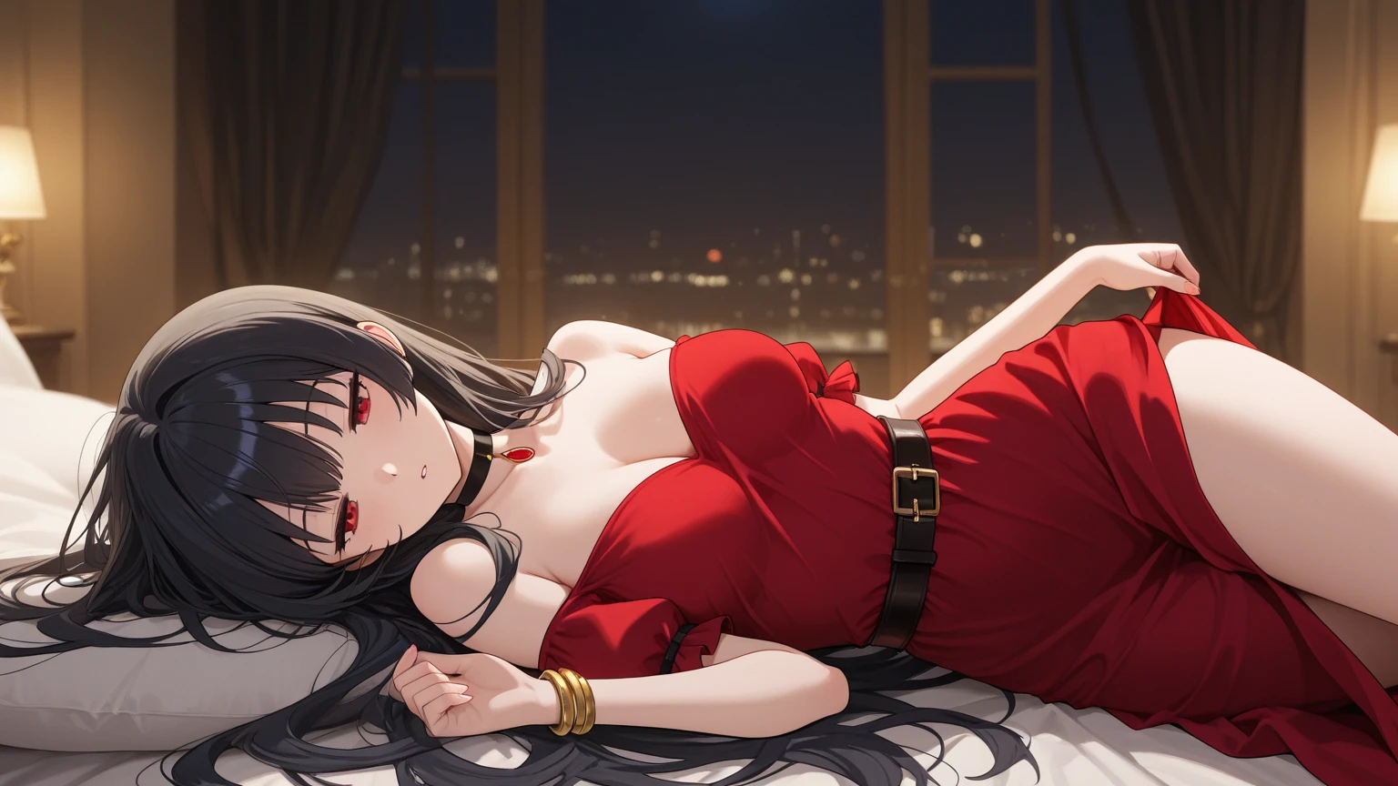Pubic area is clear,4k wallpaper,HighestQuali,A teenage girl,Burgundy silk nightdress,Reallightandshadow,rays of moonlight,Luxurious European bedroom,Red silk bedding,European style architecture,nighttime scene,The upper part of the body