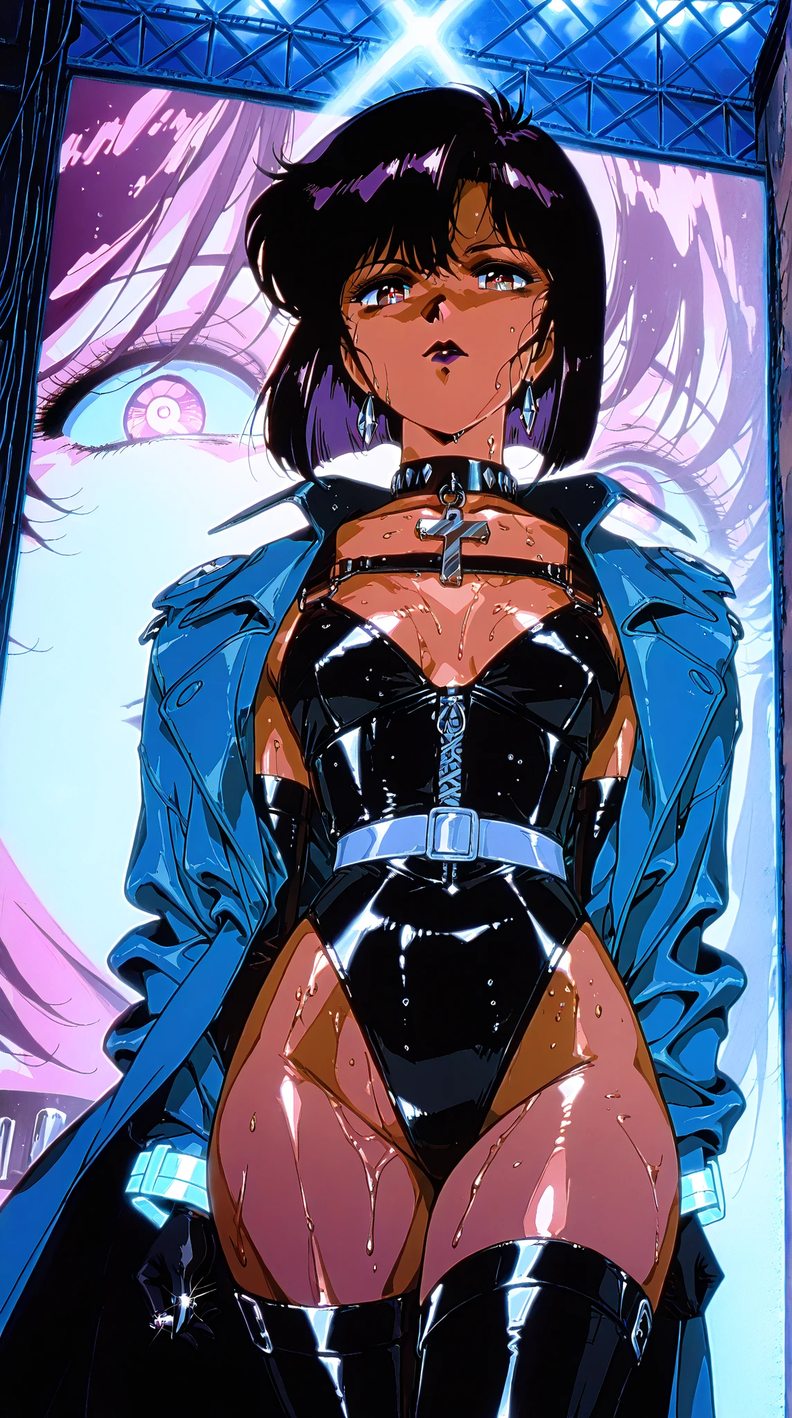 masterpiece,stunning realistic,best quality,sharpness,sharp face,smil，Photo of the fully body
black long hair，purple eyes,big ,tanktop,breast,Side breasts,cargopants with many pockets,open bellybuttons,opened up lags,black cloak,silver necklace,silver chain,black gloves