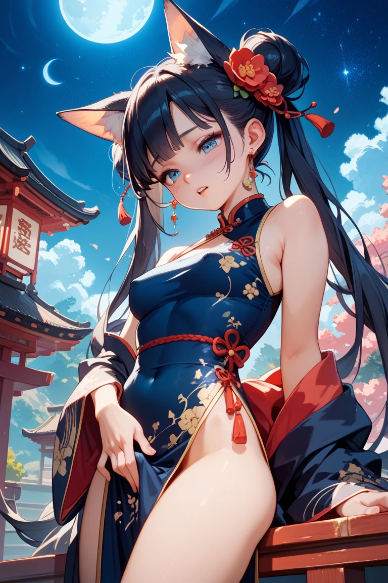 1girl,black hair,blue eyes,Bangs flutter in the wind，Wearing a cheongsam，Fair skin，adolable，Lonely wind，The complexion is reddish，Pure skin，The upper part of the body，With Jiangnan water town elements，tiny mouth，medium boob，The look is pitiful，hair ornament, cat ears, happy tears, shy, depth of field, UHD, textured skin, masterpiece --auto