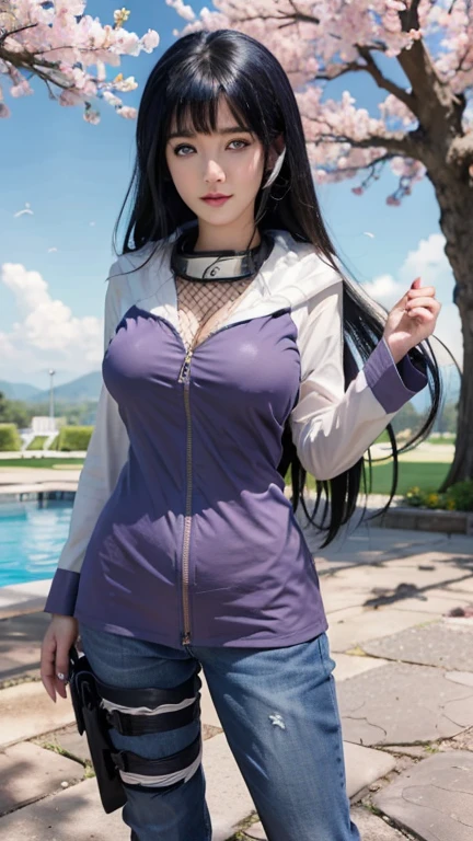 1 girl, Hyuga Hinata in the anime Naruto, long hair, black hair, white eyes, smile, Beautiful, purple clothes, Medium breasts, realistic clothes, Clothing Detail, Ultra detail, realistic, lying on his back, knees bent, legs spread wide, purple skinny pants