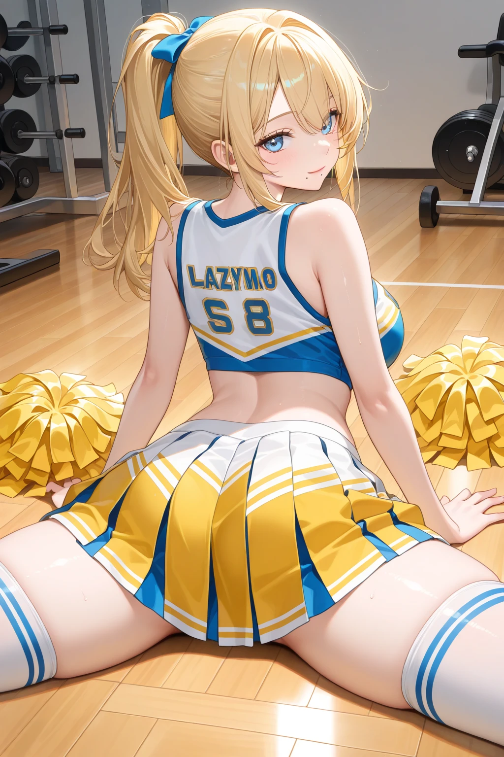cheerleader, breasts big, hair long blonde, arrogant expression, blue colored eyes, Roupa de cheerleader vermelha, hypdertailed, locker room sex, sex, nsfw