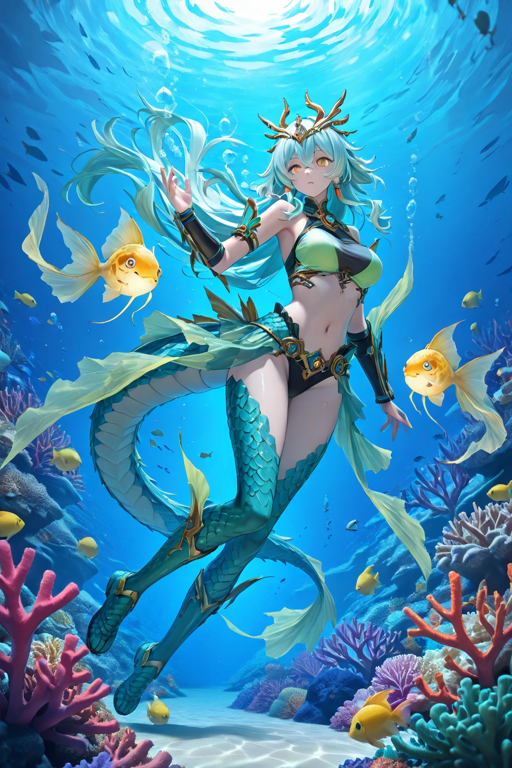 Merfolk holding a weapon on the blue ocean with a green background